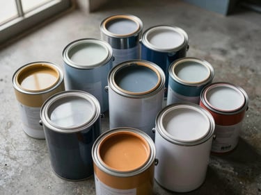 Close-up overhead flat lay of multiple paint cans of different sizes on a concrete warehouse floor, lids slightly ajar showing color chips, natural window light from the side, honest industrial detail, no people