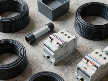 Close-up overhead flat lay of electrical conduit, cable rolls, junction boxes and circuit breakers arranged on a concrete surface, even warehouse lighting, honest industrial detail, no people