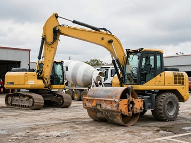 Heavy construction machinery parked in an organized outdoor depot yard, a compactor and concrete mixer visible, overcast natural daylight, wide environmental shot showing scale