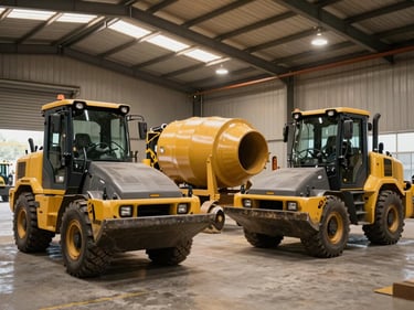 Wide environmental shot of heavy construction equipment — compactors and mixers — parked in an organized warehouse bay, warm industrial lighting from overhead skylights, concrete floor, no people, ready-to-deploy positioning