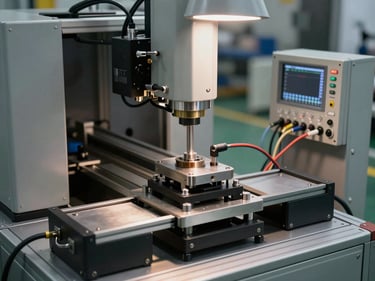 A product testing machine in operation on a factory floor—test fixture clamping a component under a force transducer, data acquisition cables routed to an instrument rack, crisp overhead task lighting revealing surface detail of the test rig
