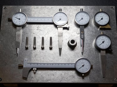 Flat-lay overhead of precision gauges and locating fixtures arranged on a steel surface plate—dial gauge needles, hardened steel pins, and go/no-go gauge bodies under crisp shadowless task lighting