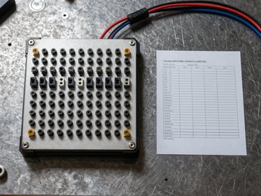 Overhead flat-lay of an electrical functional test fixture for a wiring harness, bed-of-nails contact plate with labelled probe positions, connector blocks engaged, continuity test result printout beside the fixture on a dark steel workbench, crisp task lighting