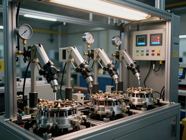 Factory floor shot of a multi-station end-of-line leak test machine, four component nests visible with pneumatic clamping arms engaged, pressure gauges and digital pass/fail indicators on a control panel, overhead task lighting, steel frame construction