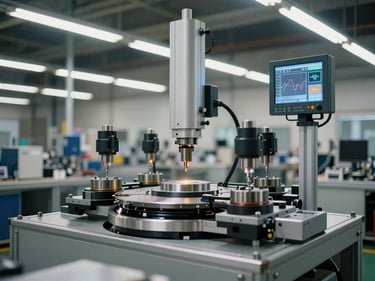 Wide factory floor shot of a dimensional gauging cell, a rotary index table with four part stations under air-gauging probes, overhead fluorescent shop lighting, steel and aluminium frame, digital measurement display mounted on a column at the operator station