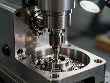Close-up macro shot of a special purpose machine assembly in progress—precision-machined steel housing, drill spindle aligned over a component bore, overhead shop-floor task lighting, metal swarf visible near the cutting zone