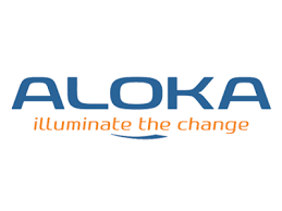 Aloka company logo in blue text with the orange tagline illuminate the change