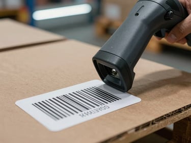 Close-up of barcode scanner positioned over a pallet label in a warehouse aisle, cool fluorescent overhead light casting hard shadows on cardboard, tight framing revealing the integration point between physical and digital