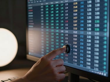 Tight framing of a financial dashboard on a dark monitor, rows of numerical data in cool blue light, a single hand adjusting a configuration dial in the foreground, studio strobe from the left