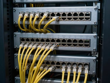 Close-up overhead framing of a server cable routing panel, dense bundles of ethernet cables organized into labeled ports, cool studio strobe lighting, clinical and precise