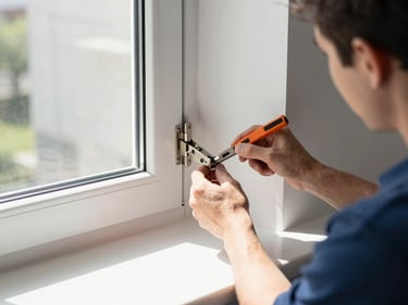 A technician with precise tools adjusting the heavy-duty hinges of a modern casement window, bright natural light