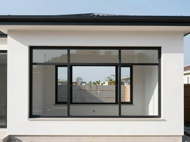 Straight-on architectural shot of a modern home under construction, clean window openings with newly installed black frames