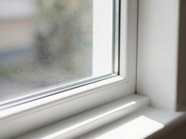 Close-up of a pristine new window frame installation, clean white seals, bright daylight reflecting off the double-pane glass