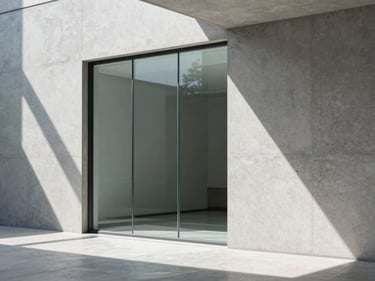 Prism-like reflection on heavy impact-resistant glass, clean geometric shadows on a concrete wall, bright sunbeams