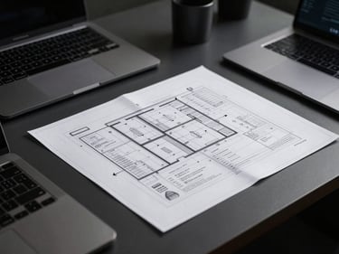 Close-up of a detailed business plan blueprint on a minimalist desk, surrounded by tech devices, sharp focus, low-key studio lighting, premium editorial photography, deep obsidian and metallic tones, highly detailed, 35mm