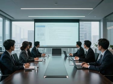 Executive team collaborating in a modern, high-tech boardroom, digital projections on glass walls, cinematic wide-angle, cool-toned natural light, premium editorial photography, deep obsidian and metallic tones, highly detailed, 35mm