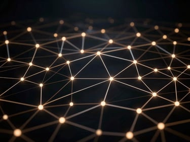 Abstract digital network visualization, glowing nodes and connections, deep obsidian background, high-resolution, premium editorial photography, deep obsidian and metallic tones, cinematic wide-angle, highly detailed, 35mm