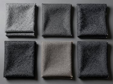 Overhead lay-flat of folded premium fabric swatches—wool and structured weave—arranged in a precise grid on a cool grey neutral surface, studio strobe light revealing weave texture