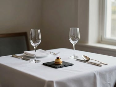Wide shot of a fine dining table set for two — white tablecloth, a single amuse-bouche plated on a slate tile, polished silver cutlery, crystal stemware, clean neutral window light from the right