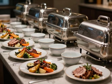 Close-up of a beautifully arranged buffet station — chafing dishes with polished lids, porcelain serving bowls, garnished platters of roasted vegetables and carved meats, neutral studio overhead light