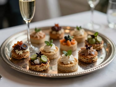 Detail shot of a cocktail reception tray — polished silver tray holding miniature canapes with precise garnishes, a flute of champagne at the edge, soft neutral light, shallow depth of field