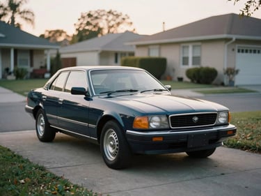 A classic car parked in a quiet residential driveway during golden hour, soft natural light, shallow depth of field.