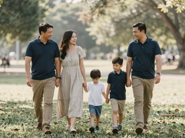 A warm, candid portrait of a family walking together in a sunlit park, soft natural daylight, muted earth tones, shallow depth of field.