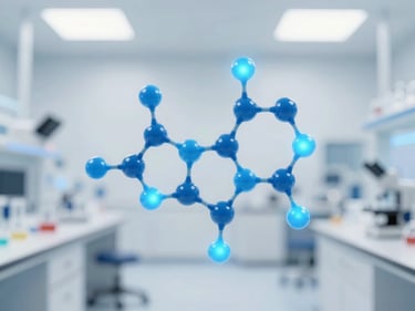 Molecular network graphics with blue glowing particles, representing a high-tech biotechnology laboratory atmosphere, clean clinical photography, bright high-key laboratory lighting, sterile white and light-blue tones, macro depth of field, 50mm.