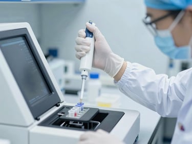Researcher in cleanroom attire operating a precision pipette over microcentrifuge tubes, clean clinical photography, bright high-key laboratory lighting, sterile white and light-blue tones, macro depth of field, 50mm.