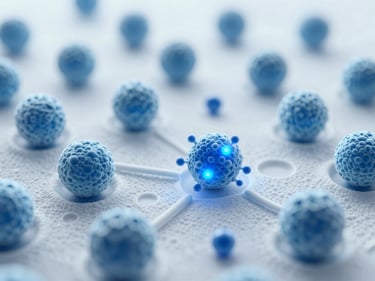 3D render of spherical magnetic nanoparticles binding to lipid-bilayer exosomes, with blue glowing particles, clean clinical photography, bright high-key laboratory lighting, sterile white and light-blue tones, macro depth of field, 50mm.