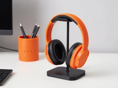 Modern desk setup with 3D printed headphone stand and pen holder, clean studio lighting, sharp details on 3D printed textures.