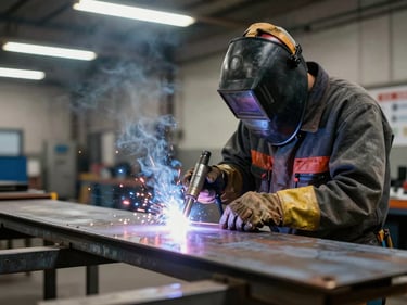 Medium shot of a welder in full PPE running a MIG gun along a horizontal steel plate at a bench, arc flash visible, overhead fluorescent shop light, high-contrast documentary