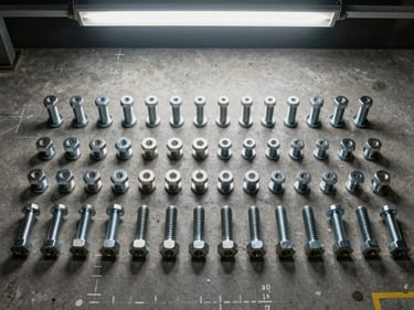 Overhead flat-lay of hex bolts, machine screws, and threaded studs sorted into rows by diameter on a concrete work surface, fluorescent warehouse ceiling light, grade markings visible on fastener heads, no hands