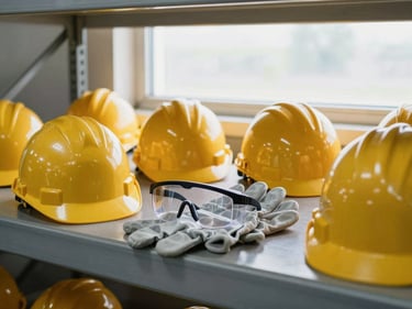 Safety equipment arranged on a warehouse shelf: hard hat, safety goggles, and cut-resistant gloves positioned as they would sit between shifts, north-facing daylight from a high window, no people