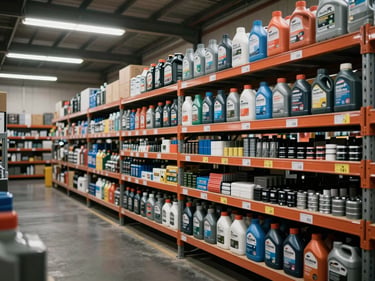 Wide shot of organized industrial warehouse shelves holding assorted maintenance products — lubricants, seals, abrasives — under fluorescent ceiling light, stock depth visible in multiple rows of product, no people