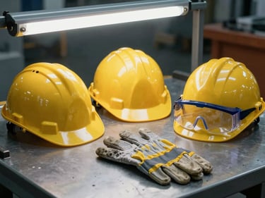 Hard hat, safety gloves, and eye protection arranged on a warehouse work surface under fluorescent light, gear staged as used not posed, no people