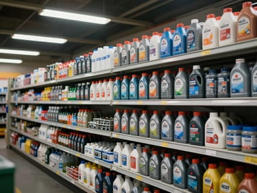 Wide shelf view of organized industrial supply bins — lubricants, abrasives, and consumables arranged by type under warehouse fluorescent ceiling light
