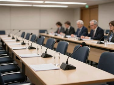 Wide shot of an academic conference panel table, microphones and water glasses arranged neatly, empty chairs under bright institutional lighting