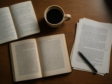 Overhead view of a research desk with open journals, annotated manuscript pages, and a ceramic coffee cup under cool window light