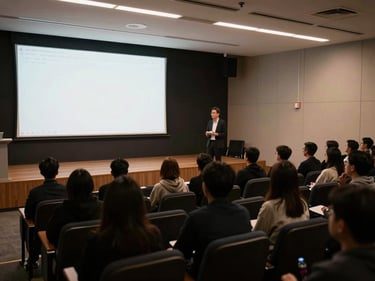 Side-angle view of a lecture hall from the back, a presenter at the front under stage lighting, rows of seated attendees visible in silhouette