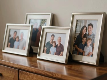 Close-up of a set of silver-framed family photographs arranged on a sideboard, soft diffused daylight, warm tones, slight reflection on polished wood surface