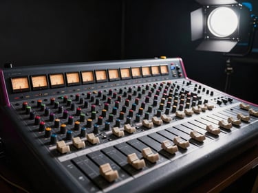 Wide environmental shot of a mixing console under hard studio strobe light, faders and meters in sharp focus, deep shadow behind the board, magenta gel catching the left edge of the equipment