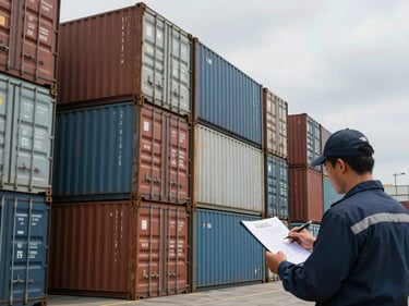 Rows of stacked shipping containers at Tanjung Priok port, a logistics worker checking a manifest in the foreground, midday overcast light, wide environmental frame