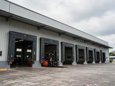 Wide-angle exterior of a commercial warehouse in an Indonesian industrial estate, loading bay doors open, overcast daylight, forklift partially visible at the entrance