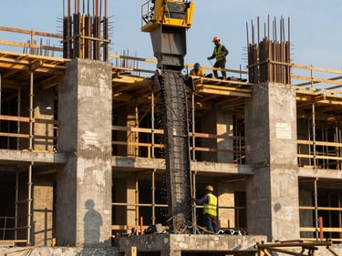 Active construction site in Indonesia, concrete pouring in progress, workers in safety gear on scaffolding, golden hour light casting long shadows across the structure