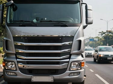 Close-up of a commercial truck cab on a Jakarta highway at midday, chrome grille prominent in the foreground, traffic visible behind in soft focus, natural daylight