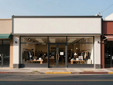 Exterior street-level shot of a single-storey commercial retail unit, flat facade, daylight, neighboring storefronts visible in frame