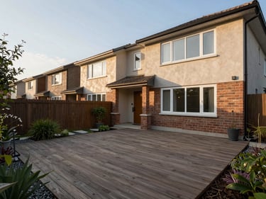 Rear yard of a semi-detached residential property, afternoon light, deck visible, modest garden, fence in background, no filters