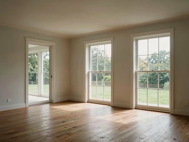 Full-width interior shot of an open-plan living room, natural daylight through large windows, neutral walls, no staging