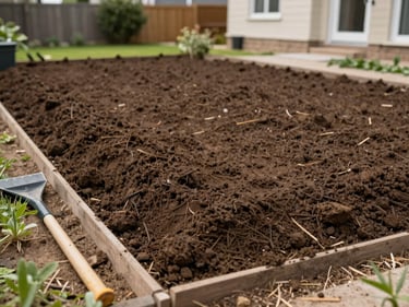 Ground-level view of a freshly levelled garden area with topsoil spread and compacted edges, crew tools visible to the side, natural daylight, residential property background slightly out of focus